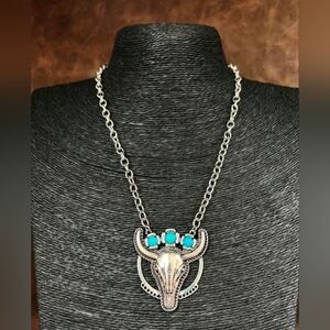Western Faux Turquoise and Silver Bull Skull Necklace
